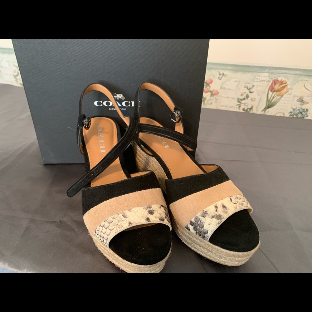 Coach Farren Suede Snake, Black,Chalk Platform Sandals.